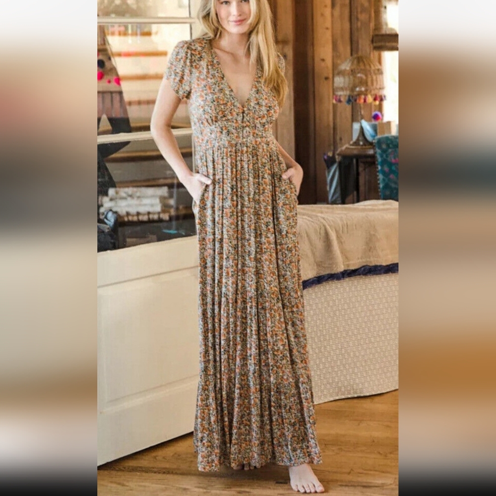 Floral V-Neck Maxi Dress in Brown - Women